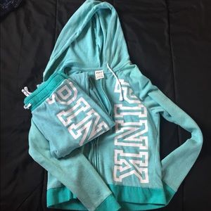 VS PINK blue & white zip up hoodie and sweats pj’s
